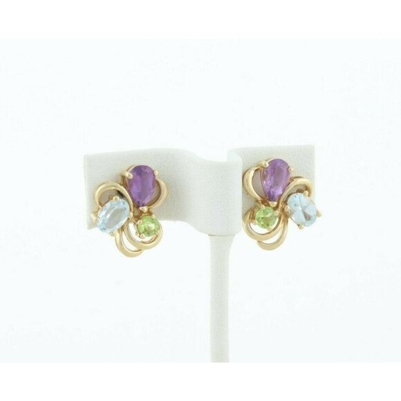 14k Yellow Gold Natural Amethyst, Topaz and Peridot Earrings Stud Post Earrings - Picture 4 of 8